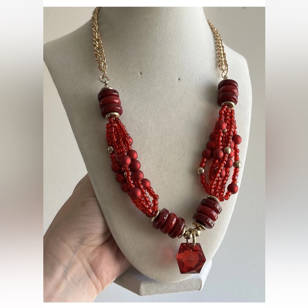 Gold Tone Statement Necklace Red Acrylic Beaded Adjustable 22-24”